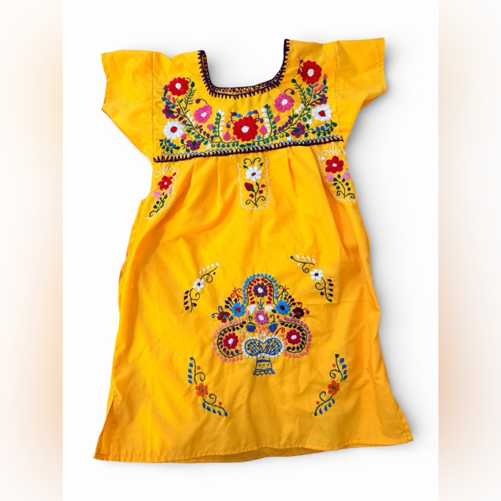Girls Yellow Embroidered Folk Dress Floral Mexican Style
